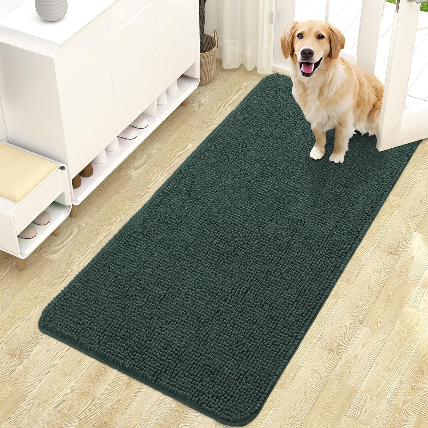 OLANLY Dog Door Mat for Muddy Paws 47x24, Absorbs Moisture and Dirt, Absorbent Non-Slip Washable Doormat, Quick Dry Chenille Mud Mat, Entry Indoor Entryway Carpet for Inside Floor, Blackish Green