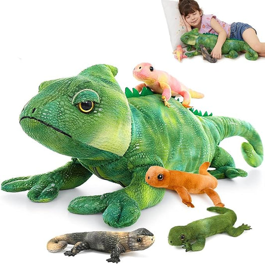 MorisMos Plush Lizard Stuffed Animals, 27'' Giant Mommy Chameleon Stuffed Animal with 4 Baby Lizard Toys for Kid Girl Boy, Realistic Large Iguana Mom, Cute Gecko Toys Gift for Kid Birthday Christmas