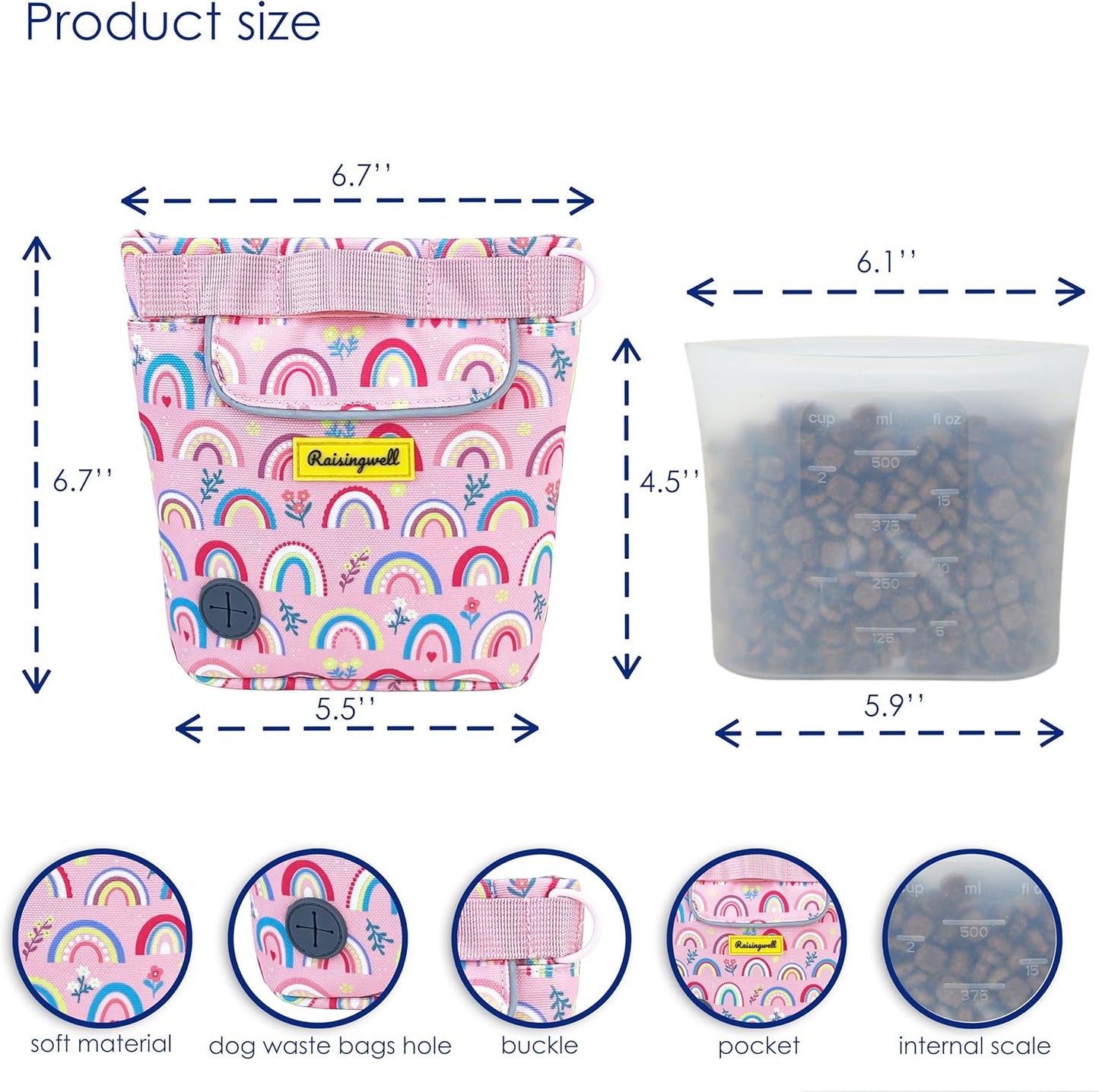 Dog Treat Pouch for Pet Walking and Training with Clicker 2 Cup Silicone Bag Small Fanny Pack Holder for Puppy Snack Dispenser Kit for Leash and Outdoor Use (Rainbow)