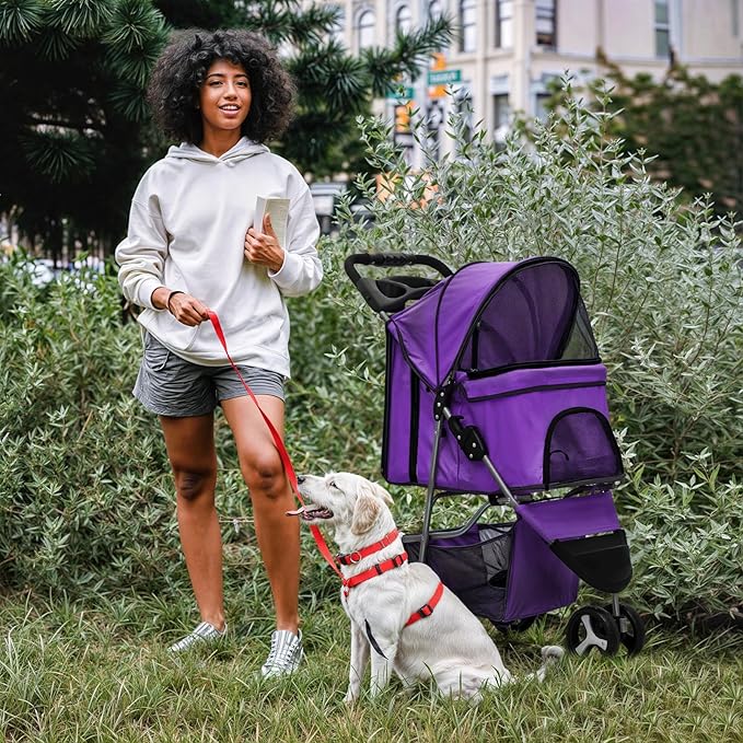 MoNiBloom 3 Wheels Pet Dog Cat Stroller for Small Medium Dogs Cats, Lightweight Foldable Jogger Stroller w/Storage Basket and Cup Holder, Purple
