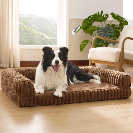 Bedsure Orthopedic Dog Beds Large Sized Dog, Waterproof Memory Foam Pet Bed with Sides, Non-Slip Bottom and Egg-Crate Foam Large Pet Couch Sofa with Washable Removable Corduroy Cover, Brown
