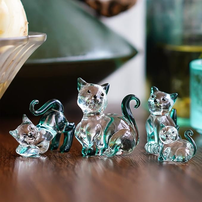 HDCRYSTALGIFTS Blown Glass Cat Figurines Collectibles Pack of 4 Emerald Green Crystal Kitty Animal Statue Kitten Sculpture for Home Decor Gift for Mom