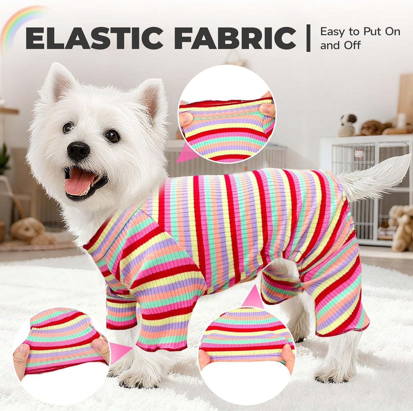 BAEJMJK Striped Dog Pajamas Stretchy Cute Four-Legged Boy Girl Dog Clothes with Sleeves Comfortable Dogs Jumpsuit Colorful Pet Puppy Outfits Apparel for Small Medium Dogs Cats(Red,Medium)