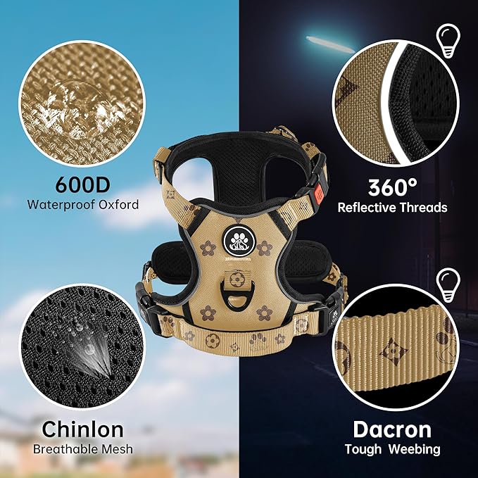 NESTROAD No Pull Dog Harness,Adjustable Oxford Dog Vest Harness with Leash,Reflective No-Choke Pet Harness with Easy Control Soft Handle for Large Dogs(Large,Light Brown)