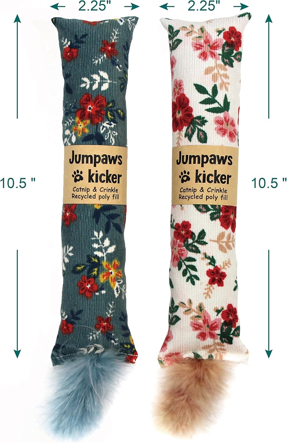 2 Pack Natural Interactive Catnip & Silvervine Cat Kicker with Feathers, Bite Resistant Chew Toy, Crinkle Kicker, Accessories for Indoor Cat, Premium Corduroy Floral