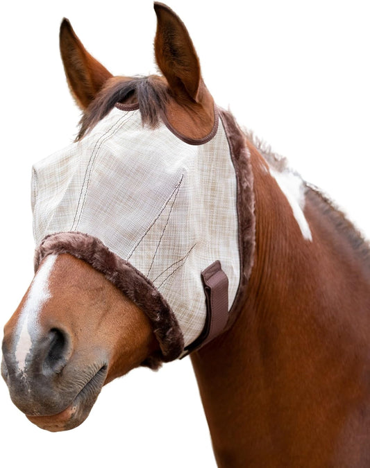 Kensington UV Fly Mask with Fleece Trim - Protective Mask with Dual Ear Opening & Forelock Freedom - Medium, Desert Sand