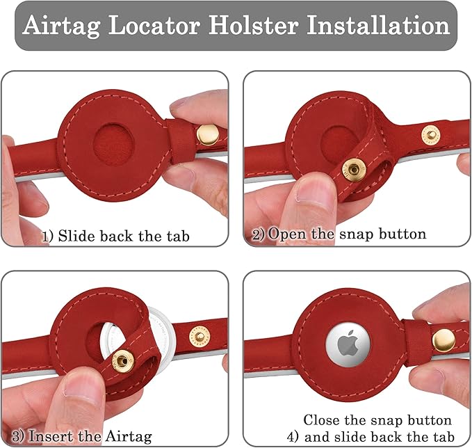 OOPSDOGGY Rolled Leather Dog Collar with Airtag Holder - Reflective Round Airtag Dog Collar - Soft Tracking Pet Collar for Small Dogs Puppy Cats Kitten (Red, L, 14"-18")