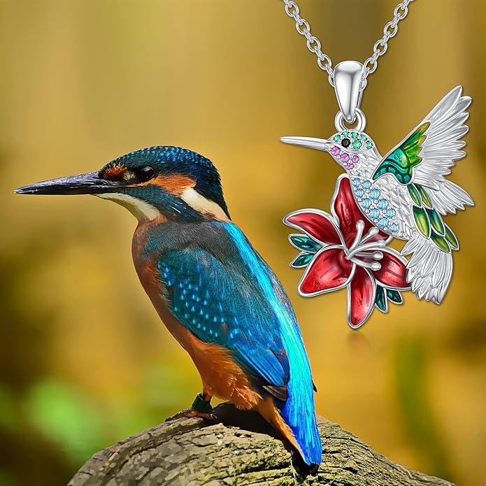 PEIMKO Hummingbird Necklace Enamel Hummingbird Pendant Necklace Sterling Silver Cute Aniamal Bird Necklace with Flower Bird Pendant for Women