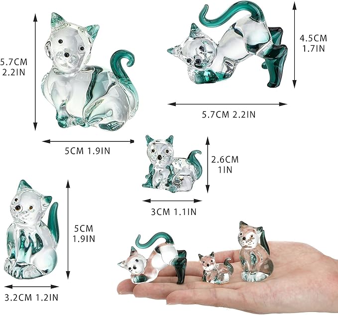 HDCRYSTALGIFTS Blown Glass Cat Figurines Collectibles Pack of 4 Emerald Green Crystal Kitty Animal Statue Kitten Sculpture for Home Decor Gift for Mom