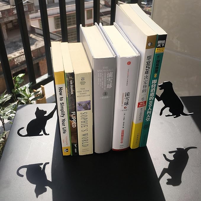 Dog Bookends,Cat Book Ends Metal Books Organizer, Gifts for Dog Puppy Kitten Lovers,Heavy Duty Decorative and Book Holder, 4.9×3.2×6.9 in (Black)