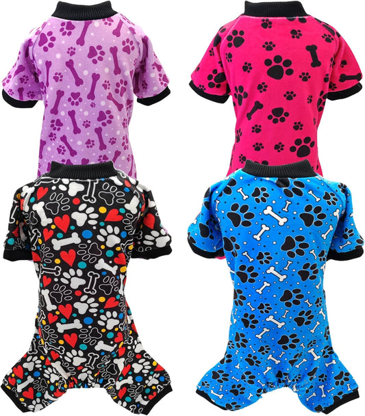 PET SHOW 4 Pack Small Dog Pajamas Paw Bone Patterns Cute Clothes for Medium Dogs Soft Fleece Stretchy PJs 4 Legged Jumpsuit Puppy Cats Onesies Outfits with Sleeve Dachshund Doggies Girl Boy (Large)