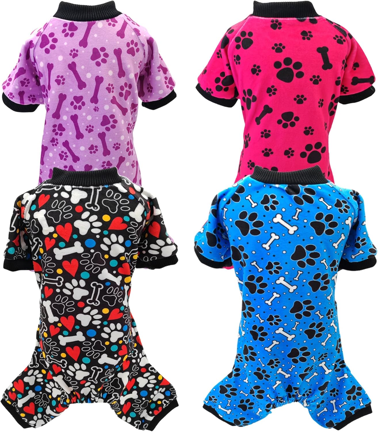 PET SHOW 4 Pack Small Dog Pajamas Paw Bone Patterns Cute Clothes for Medium Dogs Soft Fleece Stretchy PJs 4 Legged Jumpsuit Puppy Cats Onesies Outfits with Sleeve Dachshund Doggies Girl Boy (Medium)