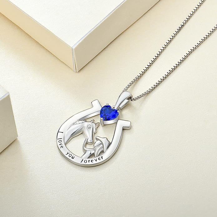 YL Women's Horse Necklace 925 Sterling Silver Horseshoe Pendant Birthstone Animals Jewelry