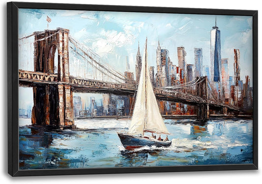 Extra Large Sailboat Framed Wall Art for Living Room,Oversized New York Brooklyn Bridge Pictures Wall Decor,Cityscape Canvas Print Painting Modern Artwork Bedroom Office Bathroom 36L" x 24W"