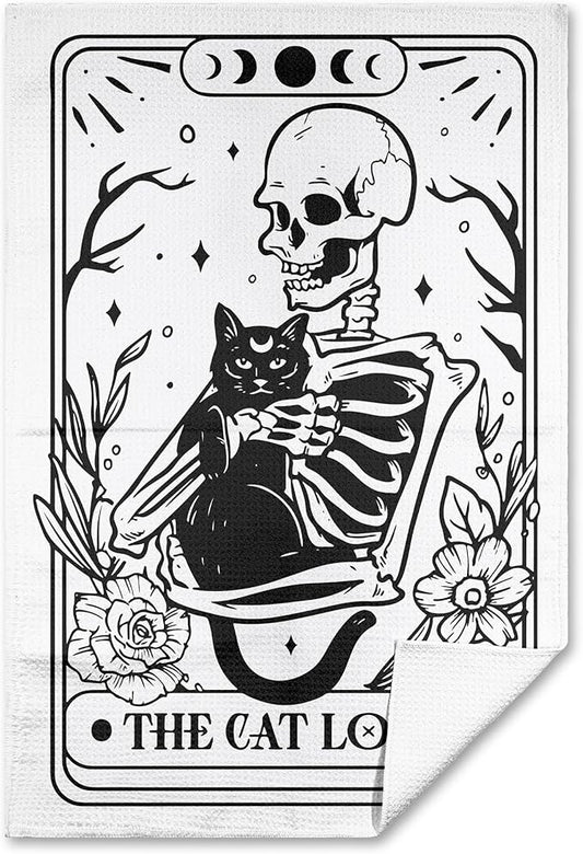 Tarot Kitchen Towels, Black Cat Skeleton Gothic Decor, Cat Lover Gifts, Tarot-Themed Bathroom Towels, 16x24 Inch
