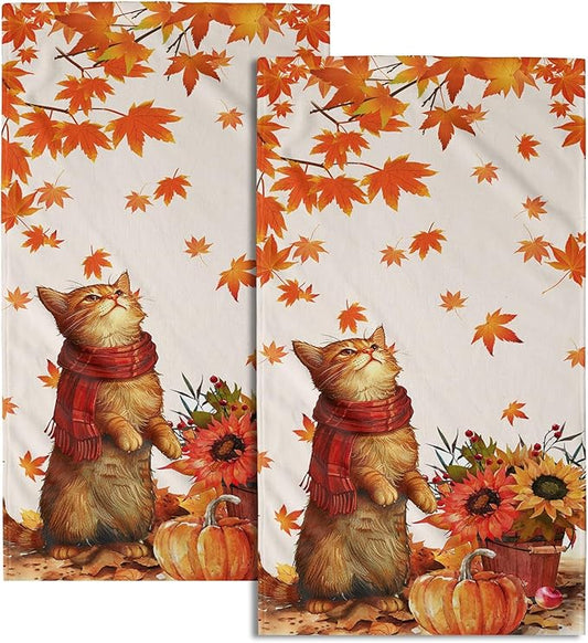 Giwawa Fall Cat Hand Towels Maple Leaves Kitchen Dish Towel Set of 2 Soft Fingertip Small Bath Towel Washcloths Decor for Hotel Spa Gym Sport