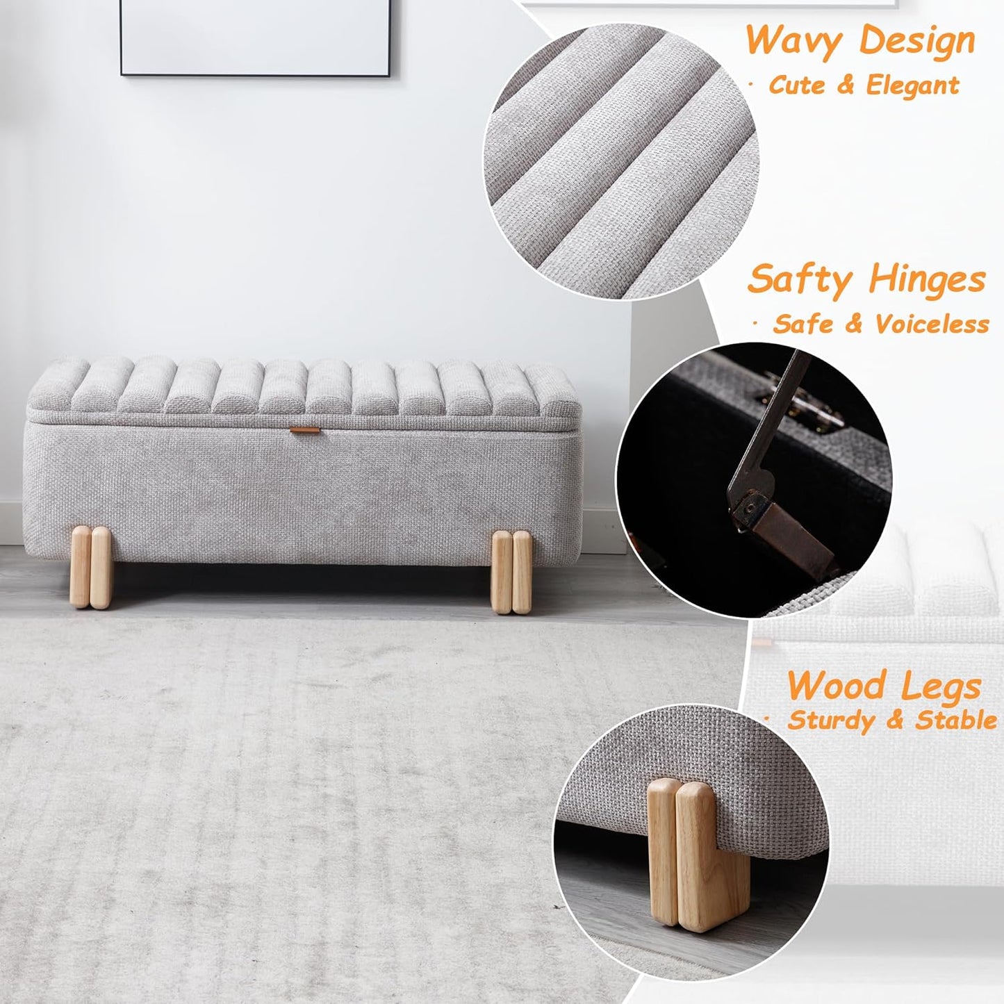 Kmax 45" Storage Bench Velvet Entryway Bench Upholstered Ottoman Bench with Wavy Top & Safty Hinge for Bedroom Living Room Hallway, Grey