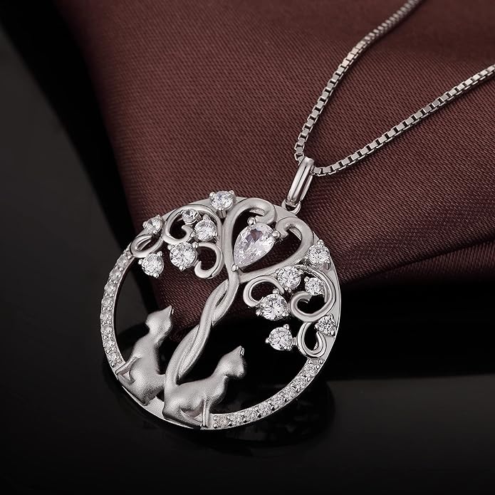 jiamiaoi 18K White Gold Plated Cat Necklace 925 Sterling Silver Diamond Cat Necklace Silver Cat On Moon Necklace for Women Gift for Birthday/Christmas, Come with Gift Box