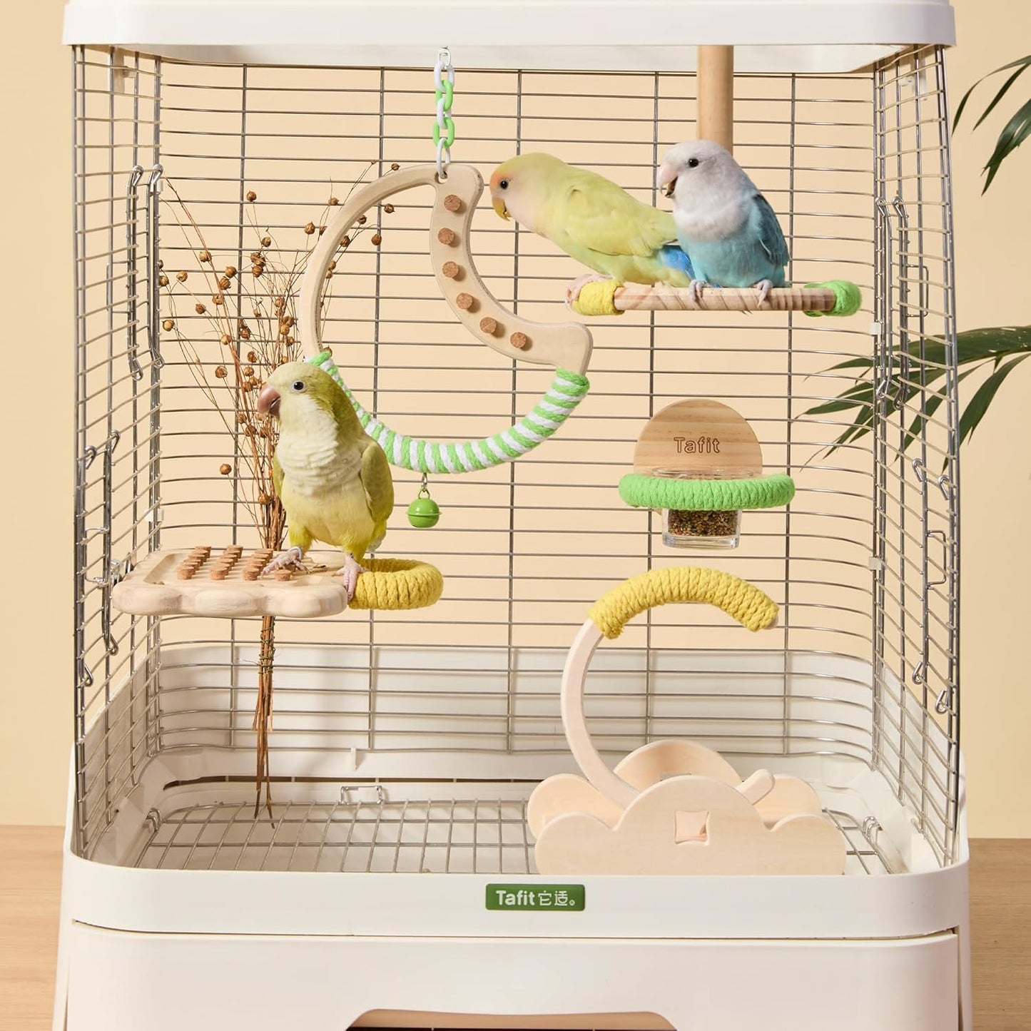 Natural Bird Swing - Moon-Shaped Parrot Perch with Bell and Cork Toys, Spinning Wooden Stand for Parakeets, Budgies, Lovebirds and Small/Medium Birds (White + Purple)