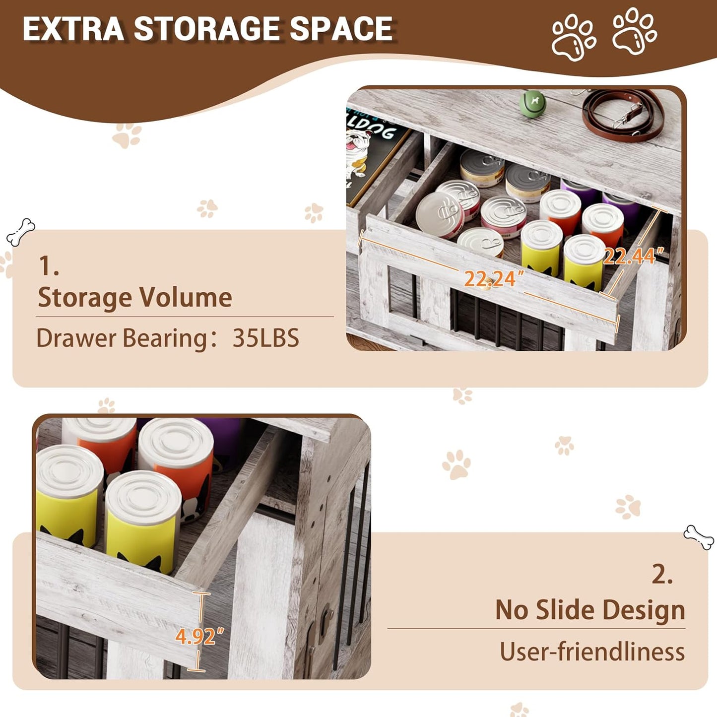 Dog Furniture Crate, 47" Large Dog Crate Furniture w/ 2 Storage Draws & Removable Divider for Large/Medium/Small Dogs (Grey, One Cage)