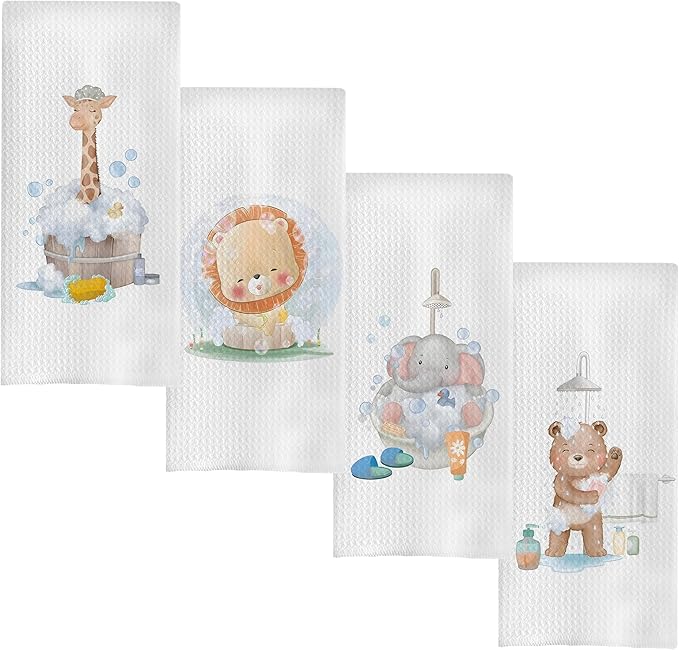 Kids Hand Towels Set of 4, Cute Baby Giraffe Elephant Bear Lion Decorative Hand Towels for Bathroom Decor, Toddler Kids Bathroom Decor, 16x24 Inch