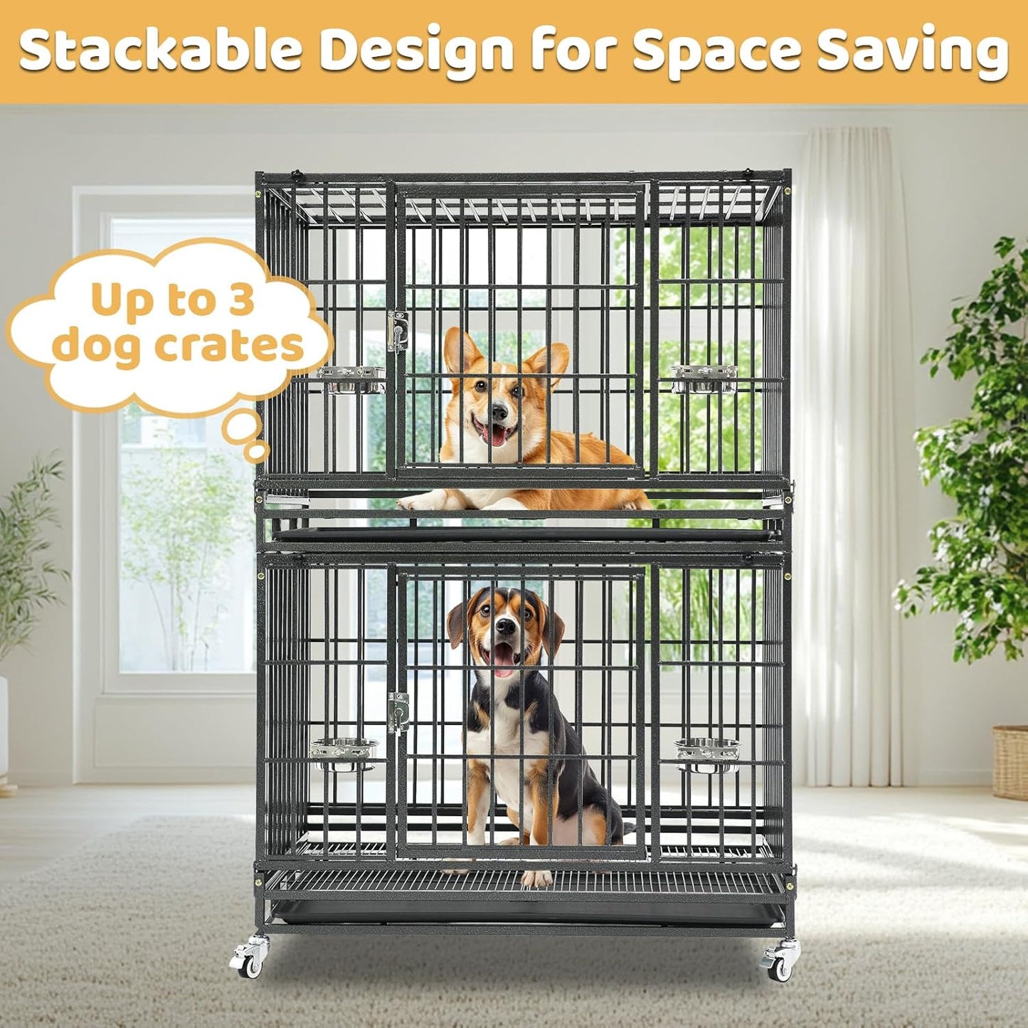 36 Inch Collapsible Dog Crate, Heavy Duty Dog Cage for Small/Medium Dogs, 2-Door Dog Kennel with Top Access, Lockable Wheels, Tray & Metal Floor Grid