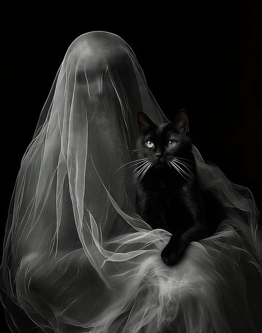 Ghost with a Black Cat Halloween Poster - Dark Academia Gothic Home Decor, Eerie Mystery Figure Art Print for Halloween Enthusiasts and Unique Wall Art Collectors (Unframed Print Poster, 18" x 24")