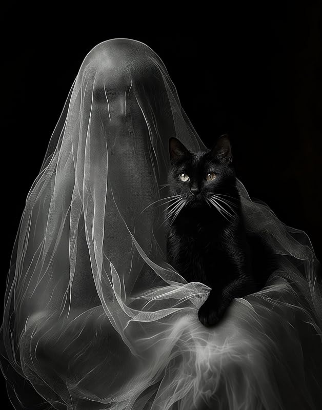 Ghost with a Black Cat Halloween Poster - Dark Academia Gothic Home Decor, Eerie Mystery Figure Art Print for Halloween Enthusiasts and Unique Wall Art Collectors (Unframed Print Poster, 16" x 20")