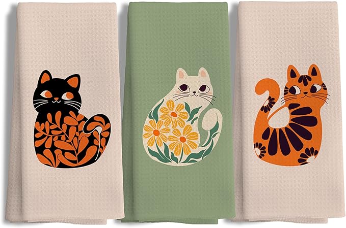 Cat Kitchen Towels - Cat Mom & Lady Gifts, 16x24 Inch Set of 3 Hand & Dish Tea Towels