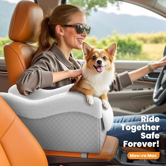 Portable Small Dog Seat for Car,Luxury Center Console Dog Car Seat Booster with Safety Tethers,Auti-Collapse Pet Travel Carrier for SUV,Truck.(Light Grey/White)