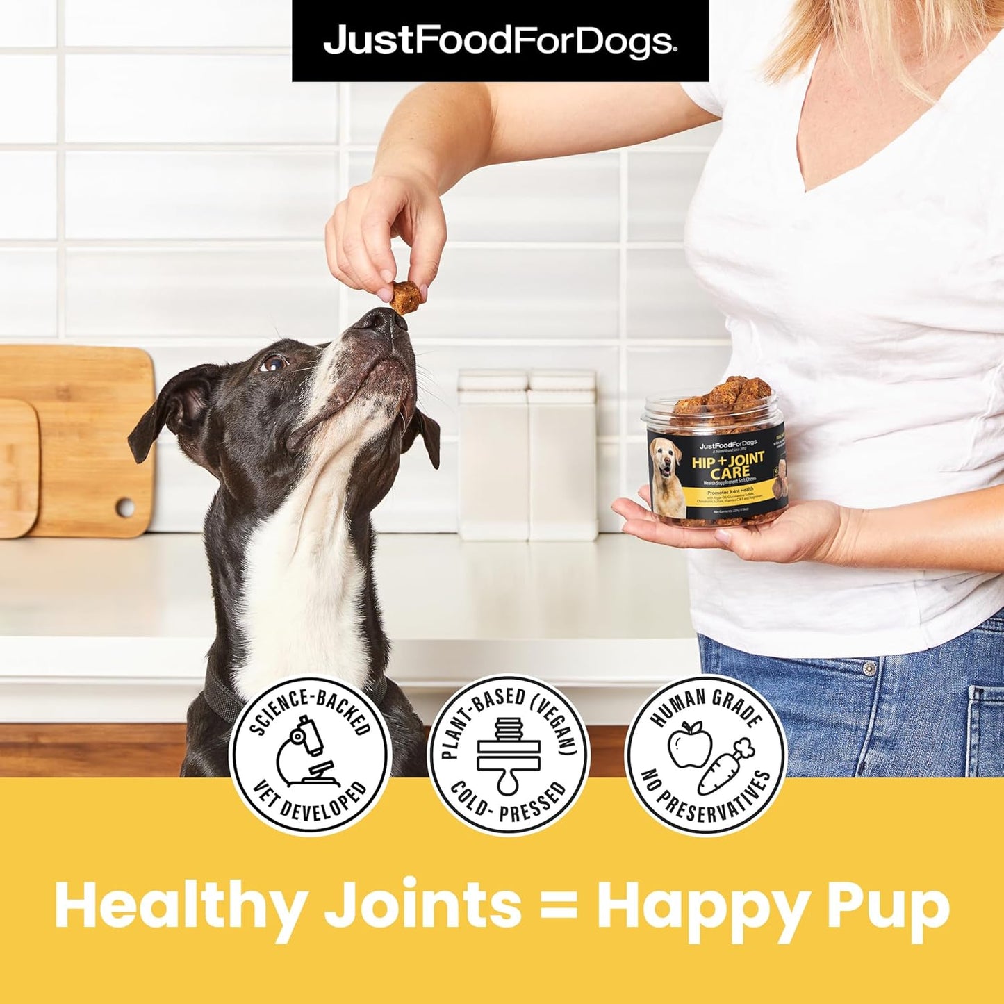 JustFoodForDogs Hip + Joint Soft Chews Mobility Supplement for Dogs with Glucosamine and Chondroitin, Superfood Blend, Human Grade, Plant-Based - 45 Count