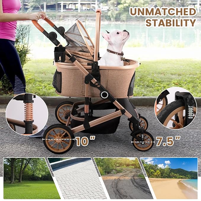 Pet Stroller with 4 Wheels, Foldable Pet Travel Carrier for Small/Medium Dogs Cats up to 50lbs, Detachble Portable Pet Bag, Storage Basket, Car Seat 3 in 1 Multifunctional (Tan)