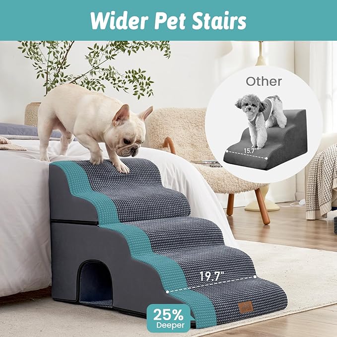 Extra Wide Dog Stairs with Tunnel, Detachable Large Pet Step for Small Medium Dog, Puppy or Cat, Ramp for High Bed, Couch, Sofa or Car, Stable, 19.7x33x22.4 inch, 5 Step, Dark Grey