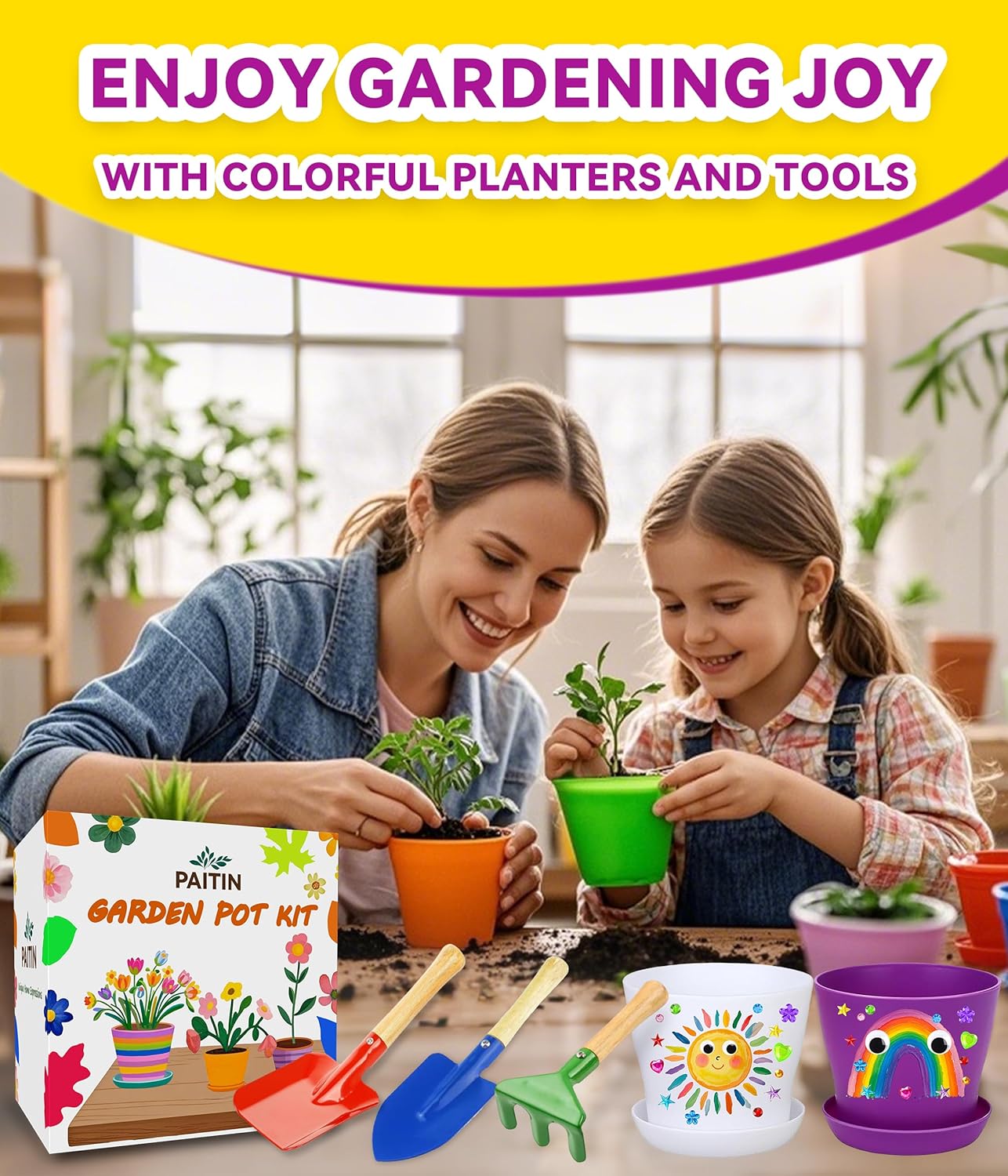 PAITIN Paint & Plant Garden Pot Craft Kit - 4 Inch Plant Pots, Kids Gardening Tools, Labels, Paints, Brushes, Gem & Eye Stickers - Perfect Spring Crafts Gifts for Women & Kids