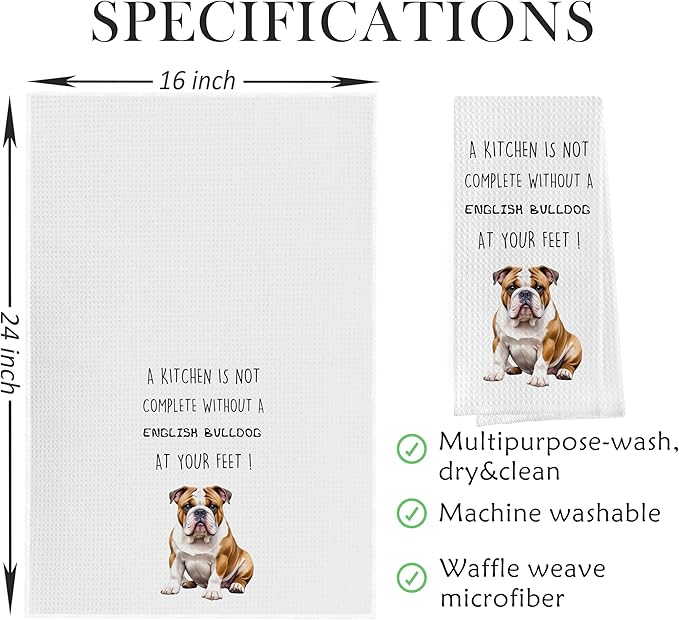 English Bulldog Dish Towels Set - Funny English Bulldog Gifts Decorative Waffle Weave Kitchen Towels, Hand Tea Towel, (16×24 Inches, Set of 2)