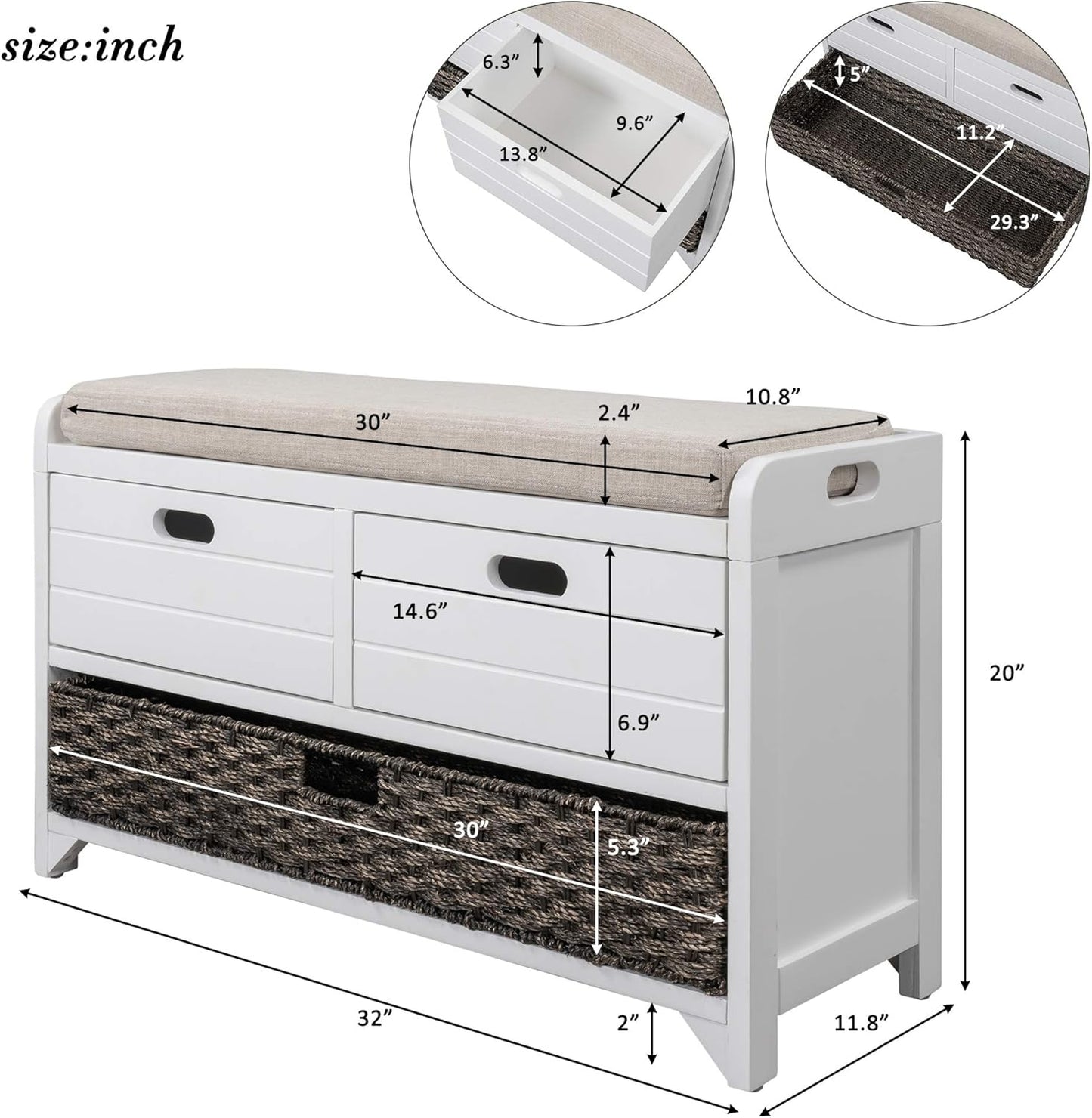 Storage Bench Removable Basket 2 Drawers Fully Assembled Acacia Wood Shoe Bench Standing Shoe Rack Removable Cushion for Living Room, Entrance Hallway, No Assembly Required White