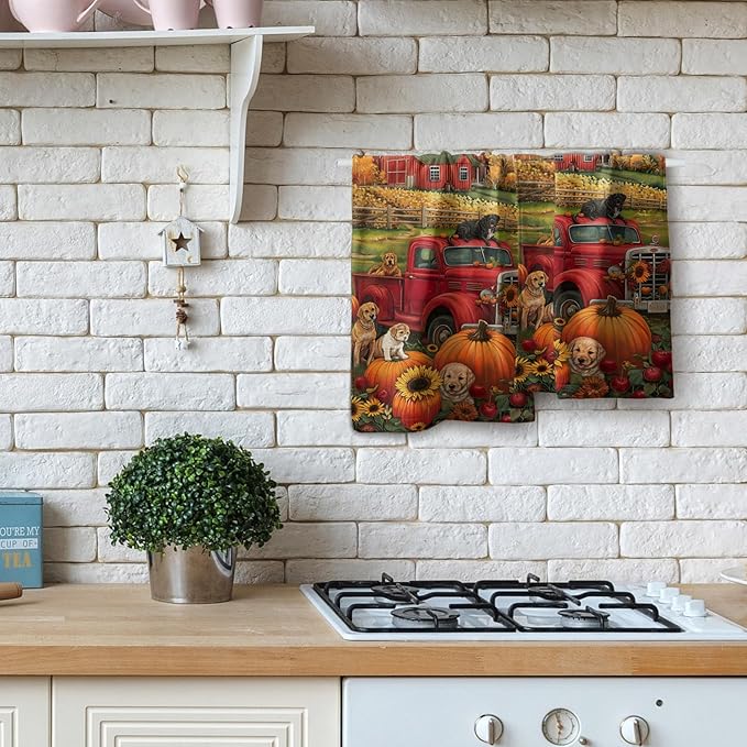 Giwawa Fall Farm Dogs Hand Towels Set of 2 Red Truck Decorative Dish Towel Soft Absorbent Seasonal Bath Towels for Bathroom Kitchen Spa Yoga