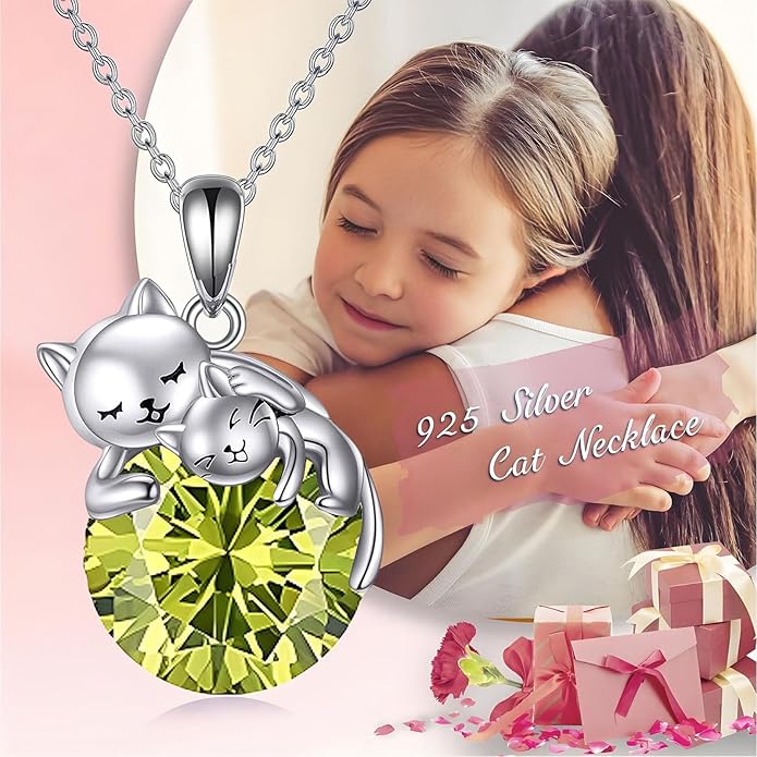 Cat Necklace Sterling Silver Cat Pendnat with Rose Quartz Pearl Jewelry Gifts for Women Cat Lovers