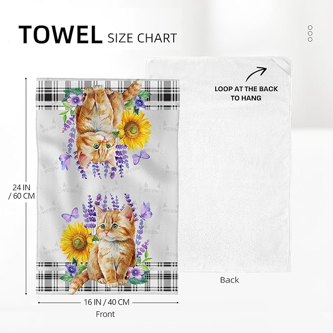 Cute Cat Kitchen Towel Decorative Set of 2, Funny Hand Towels, Sunflower Spring Summer Dish Towels for Kitchen Drying Bathroom Farmhouse Bar Home Decor, Gifts for Cat Loves Women