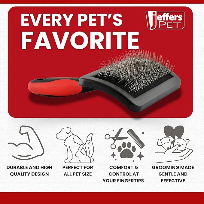 Jeffers Pet Soft Pin Universal Slicker Brush for Dogs & Cats – Soft, Flexible Bristles for Sensitive Skin, Curved Head for Better Coat Penetration, Non-Slip Grip – Black, Red - Small