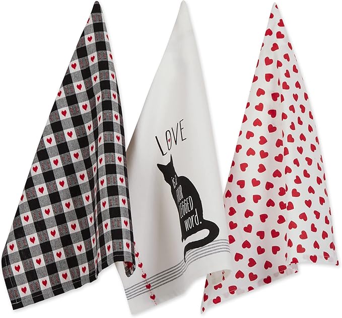 DII Valentine's Day Collection Kitchen, Dishtowel Set, 18x28, Cat Love, 3 Piece