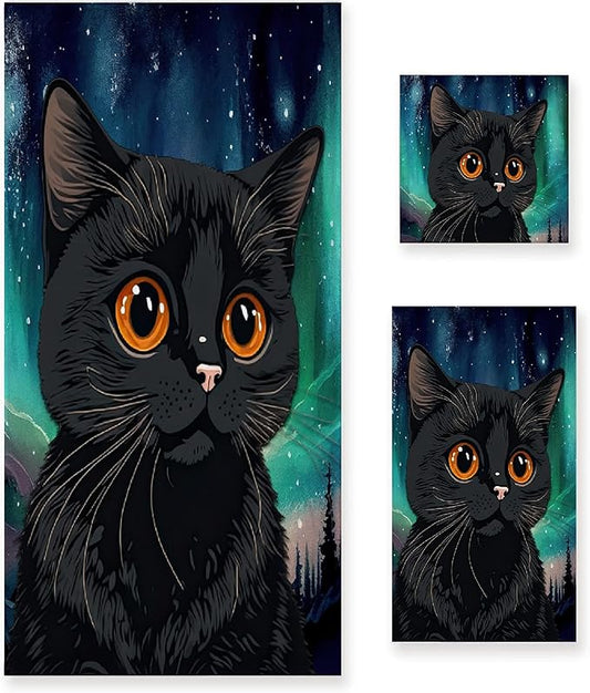 Gaming 3 Piece Towel Bathroom Sets, 1 Bath Towel, 1 Washcloth, 1 Hand Towel, Cotton Fast Dry Soft Absorbent Towel Set for Home Kitchen Family (Black Cat Watercolor)