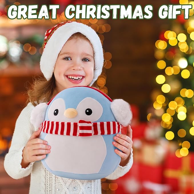 Christmas Penguin Plush with Scarf and Earflap Cute Penguin Plushie for Kids Boys Girls Blue 12 inch