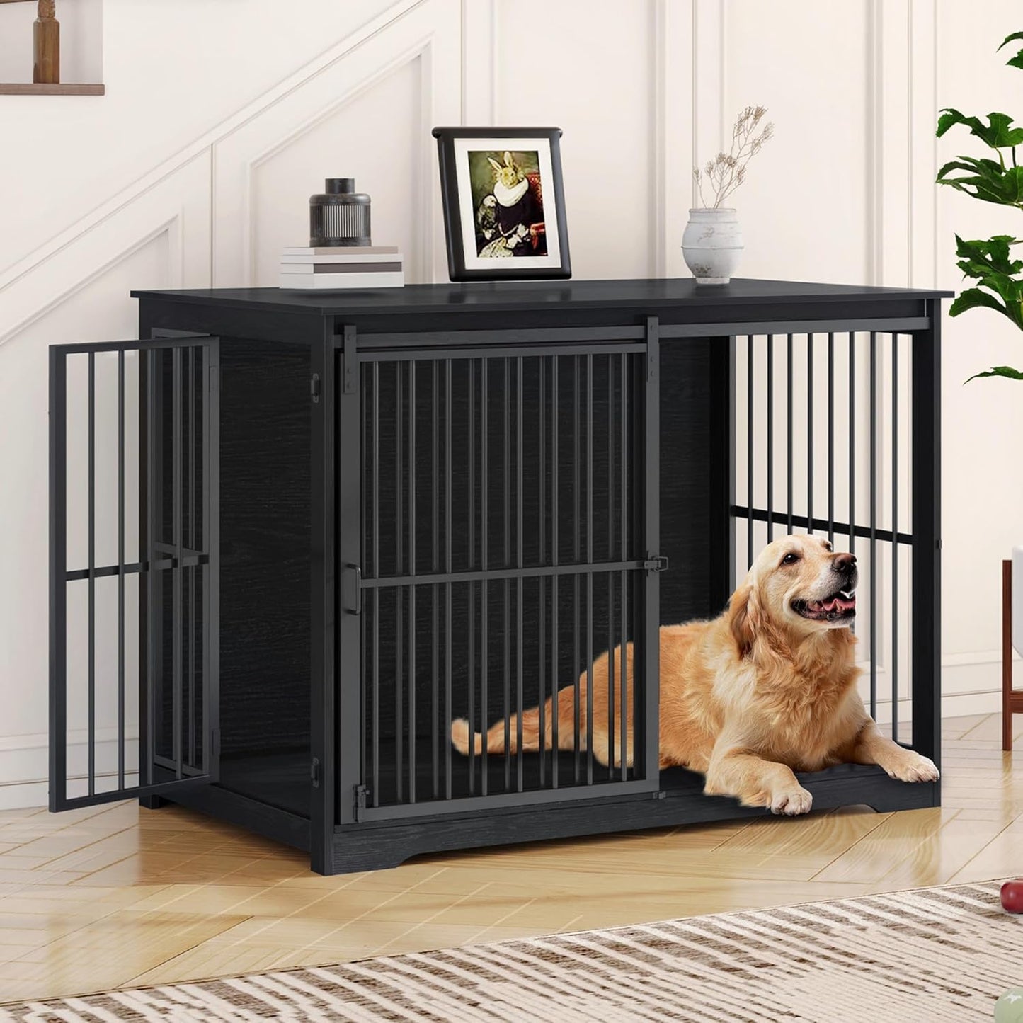 XXL Large Dog Crate Furniture, 46.9" Indoor Dog Kennel Furniture with Barn Door, Wooden Tall Dog Crate, Heavy Duty Dog Cage for Large Dogs, Side End Table, Anti-Chew, Black DFC83804B