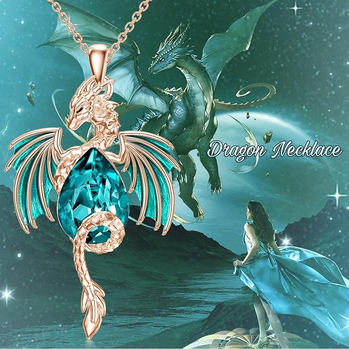 Dragon Necklace for Men Sterling Silver Birthstone Wyvern Necklace Embllished with Teardrop Shaped Crystal Jewelry for Women