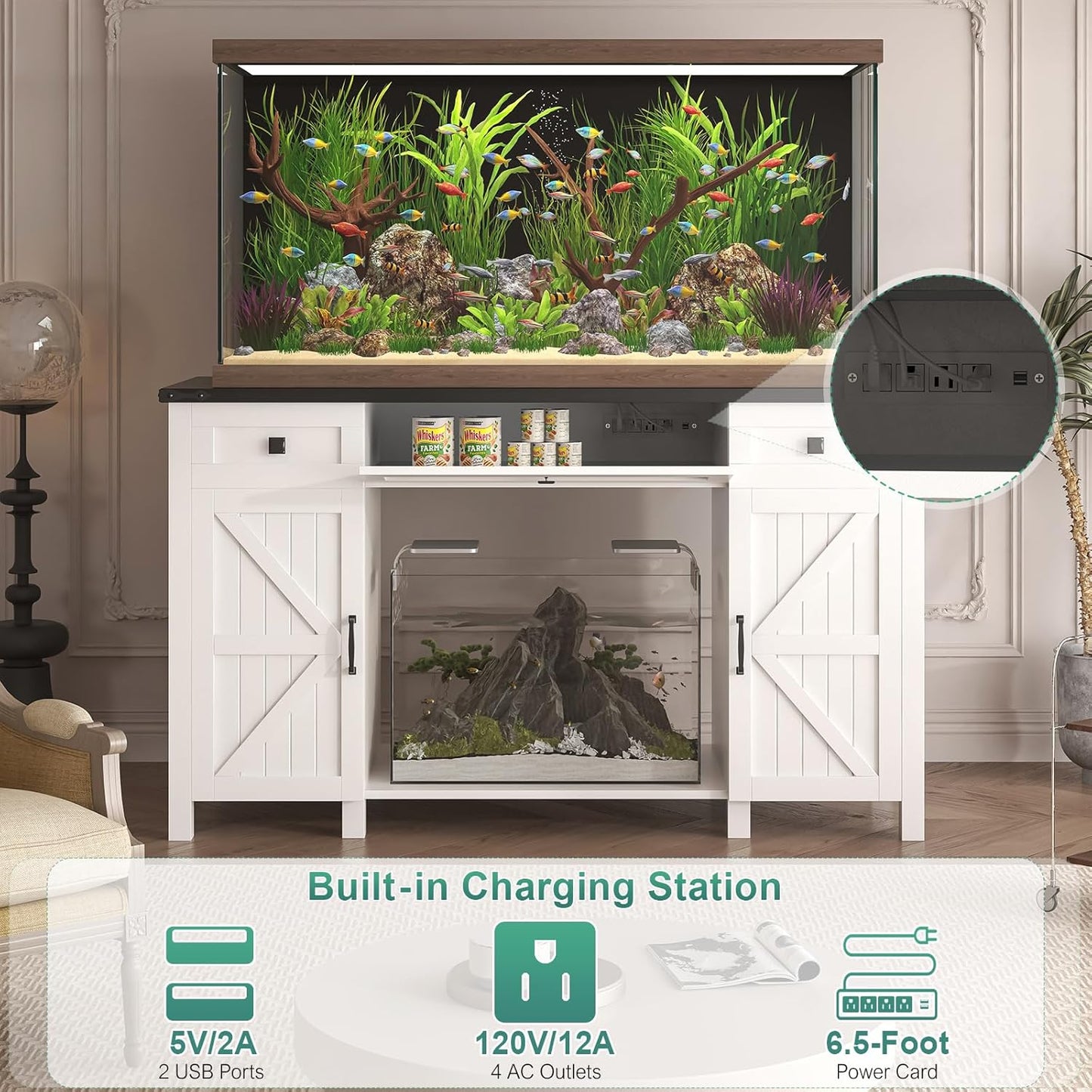 55-75 Gallon Aquarium Stand With Charging Station, Farmhouse Fish Tank Stand, Reptile Tank Stand Terrarium Stand with Drawer and Cabinet Storage, Sturdy Heavy Duty 53.5"×19.7" Tabletop - White