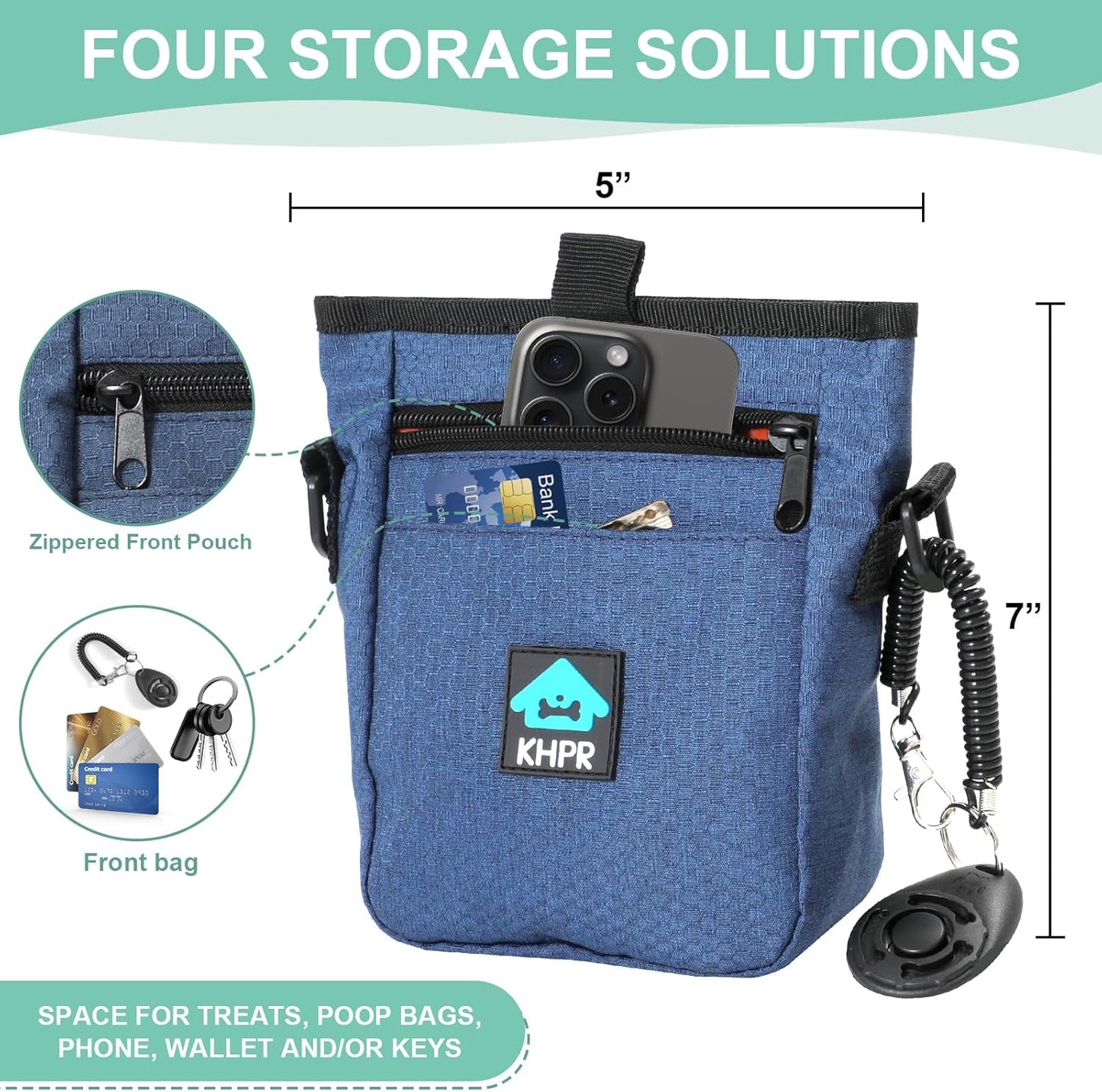 Dog Treat Pouch Magnetic Closure with Training Clicker，Hands-Free Design to Prevent Spills，Built in Poop Bag Dispenser，3 Ways To Wear，Metal Clip Waist Belt and Fanny Pack for Pet Walking（Blue）