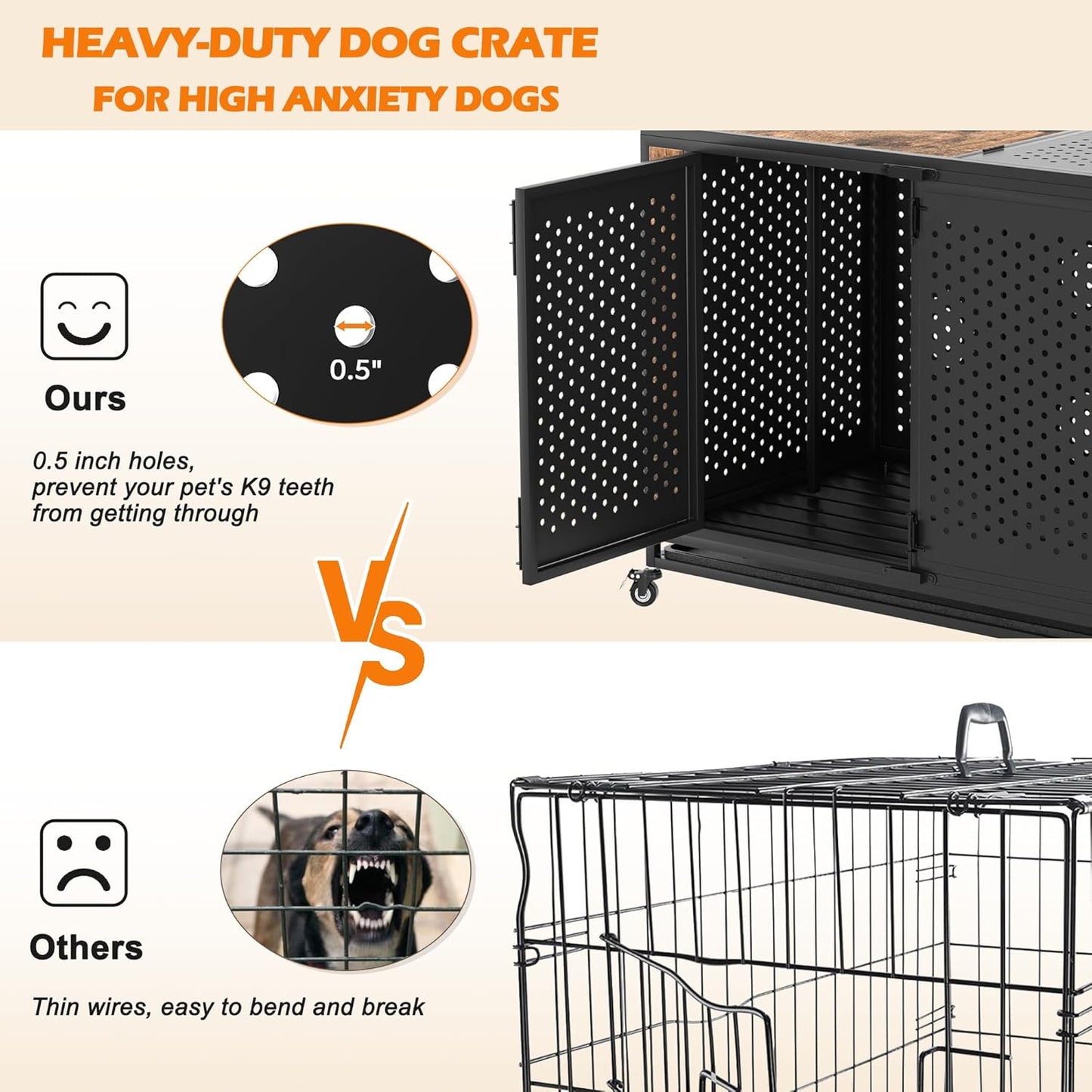 48" Heavy Duty Dog Crate Furniture for Extra Large Dogs, Enclosed Design with 0.5 inch Holes, Indestructible Metal Kennel for High Anxiety Dogs, Chew Proof Pet Cage House Indoor, Brown