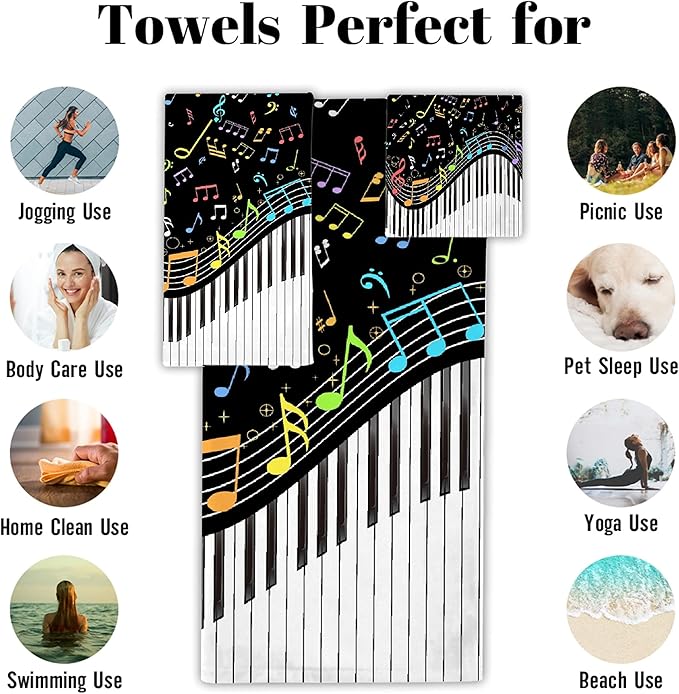 Gaming 3 Piece Towel Bathroom Sets, 1 Bath Towel, 1 Washcloth, 1 Hand Towel, Cotton Fast Dry Soft Absorbent Towel Set for Home Kitchen Family (Music Note Piano)