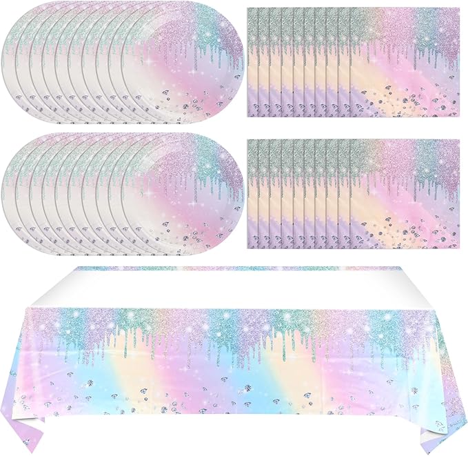 Iridescent Diamond Birthday Party Supplies Decorations, Disposable Holographic Paper Tableware Includes 20 Plates 20 Napkins and 1 Tablecloth for Girls Kids Birthday Theme Party, Serve 20